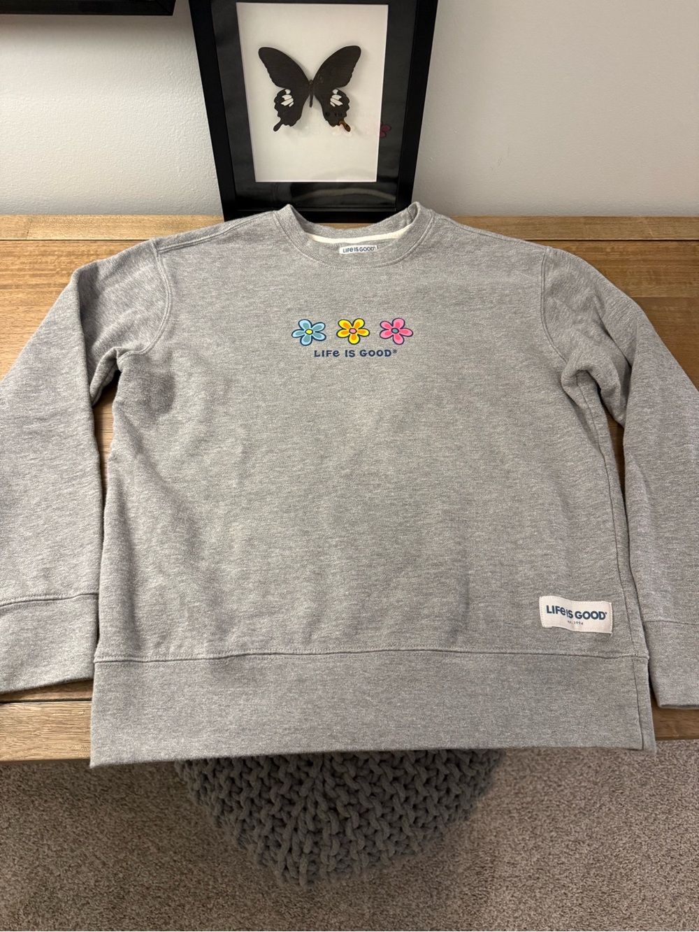 Life Is Good Women’s Heather Gray Crewneck Sweatshirt with Bright Flower Logo